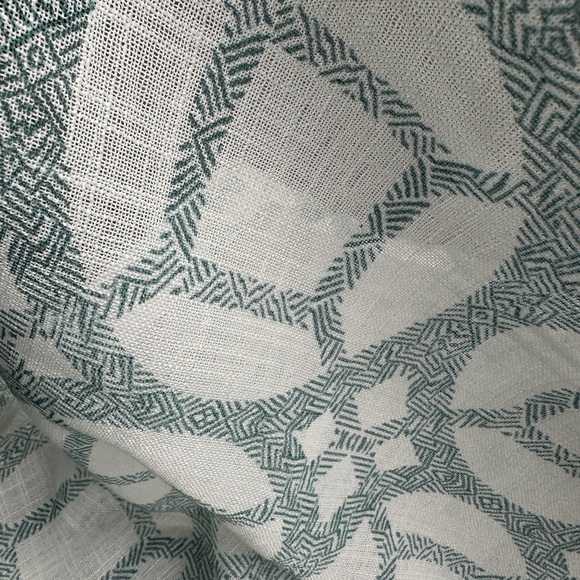 Four Curtain panels 84”L x 50”W light filtering, white + teal geometric pattern - Picture 5 of 7